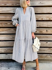 Plus Stripe Print Lantern Sleeve Maxi Dress