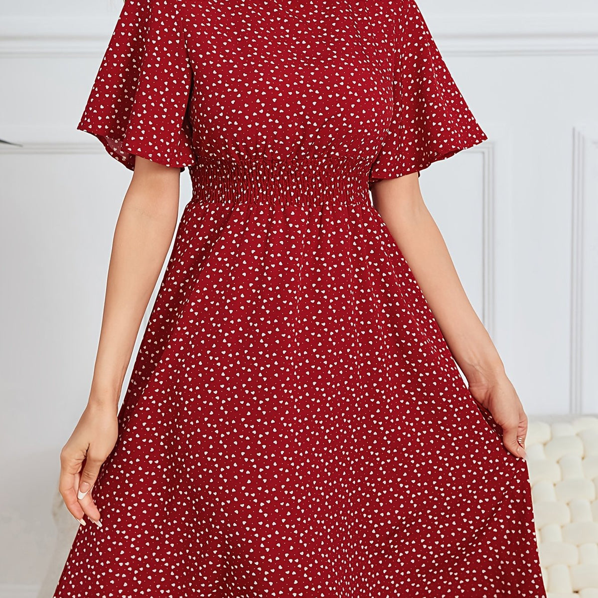 Heart Print Shirred Waist Dress Crew Neck Short Sleeve Dress