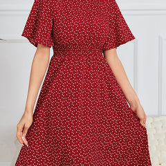 Heart Print Shirred Waist Dress Crew Neck Short Sleeve Dress