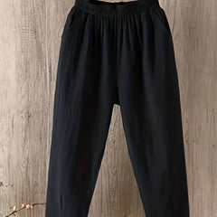  Solid Elastic Rise Straight Leg Pants With Pockets