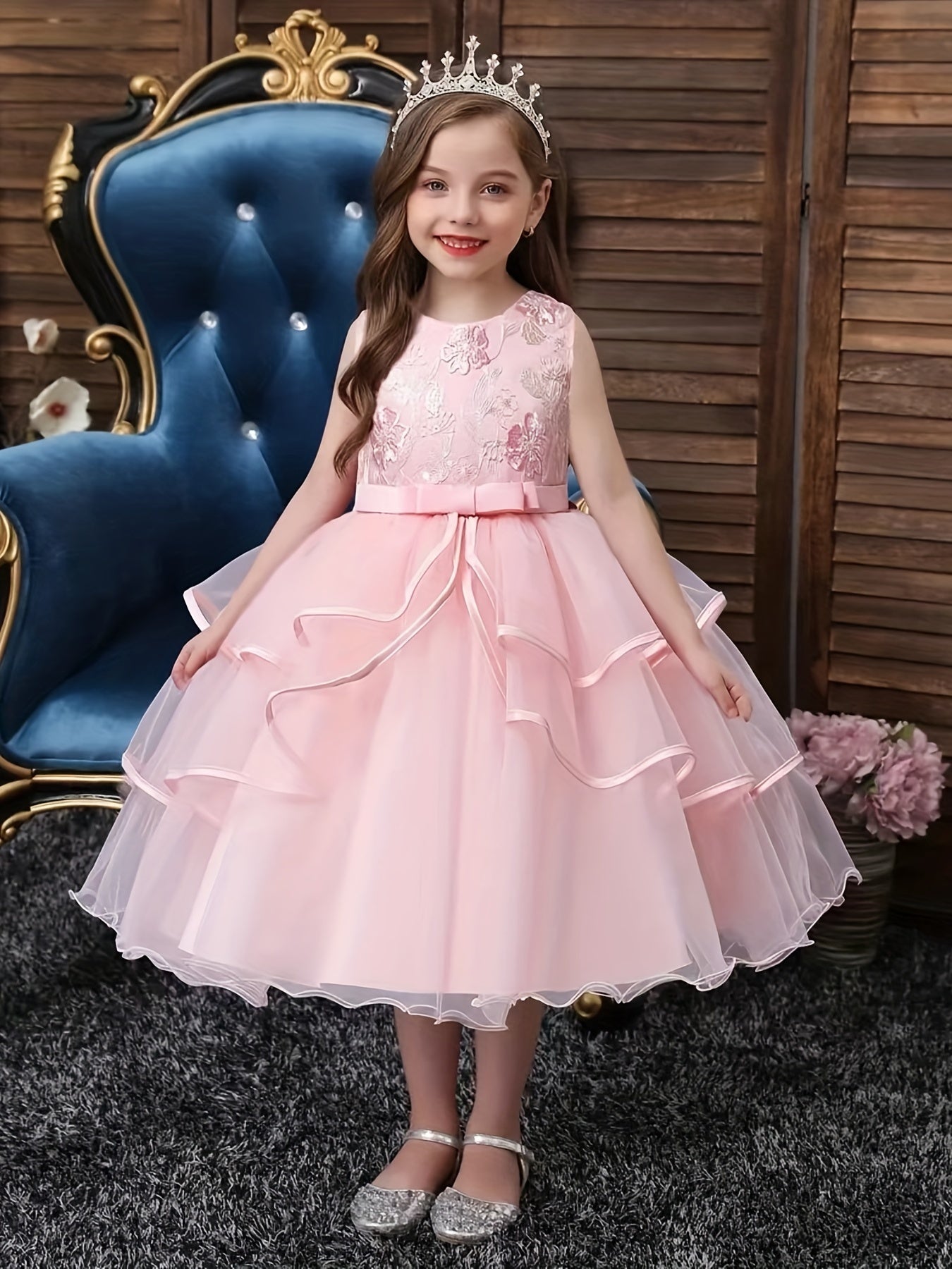 Princess Dress For Christmas Birthday & Evening Parties Sleeveless Flower Embroi
