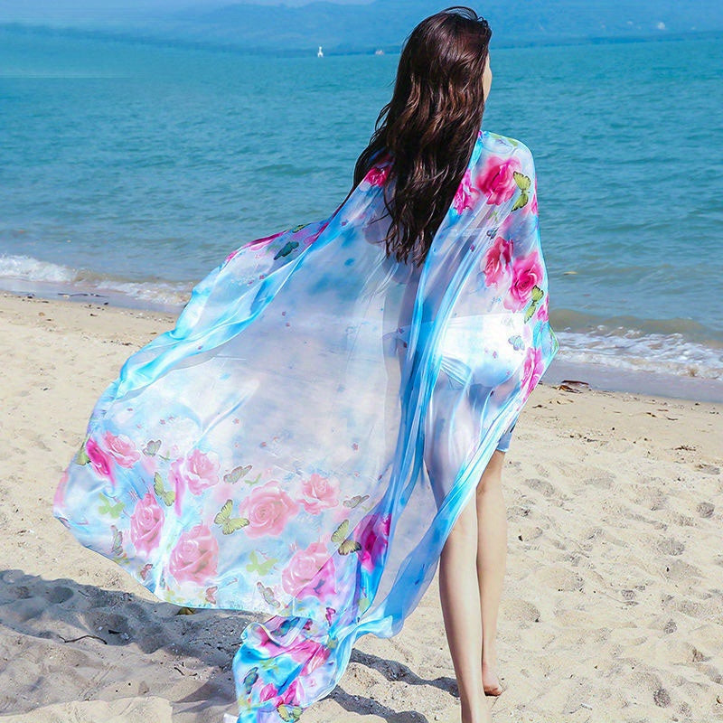 Flower Butterfly Print Chiffon Scarf Oversized Shawl Thin Silk Head Wrap