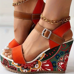 Women's Floral Print Wedge Sandals Colorful Open Toe Buckle Strap Heels