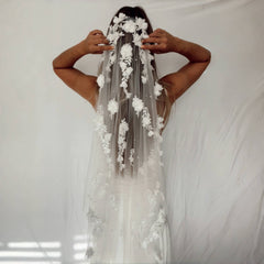Handcrafted Flower Bridal Veil with Faux Pearls Lightweight