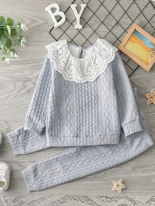 Girls Lace Trim Long Sleeve Sweatshirt & Jogger Pants Set