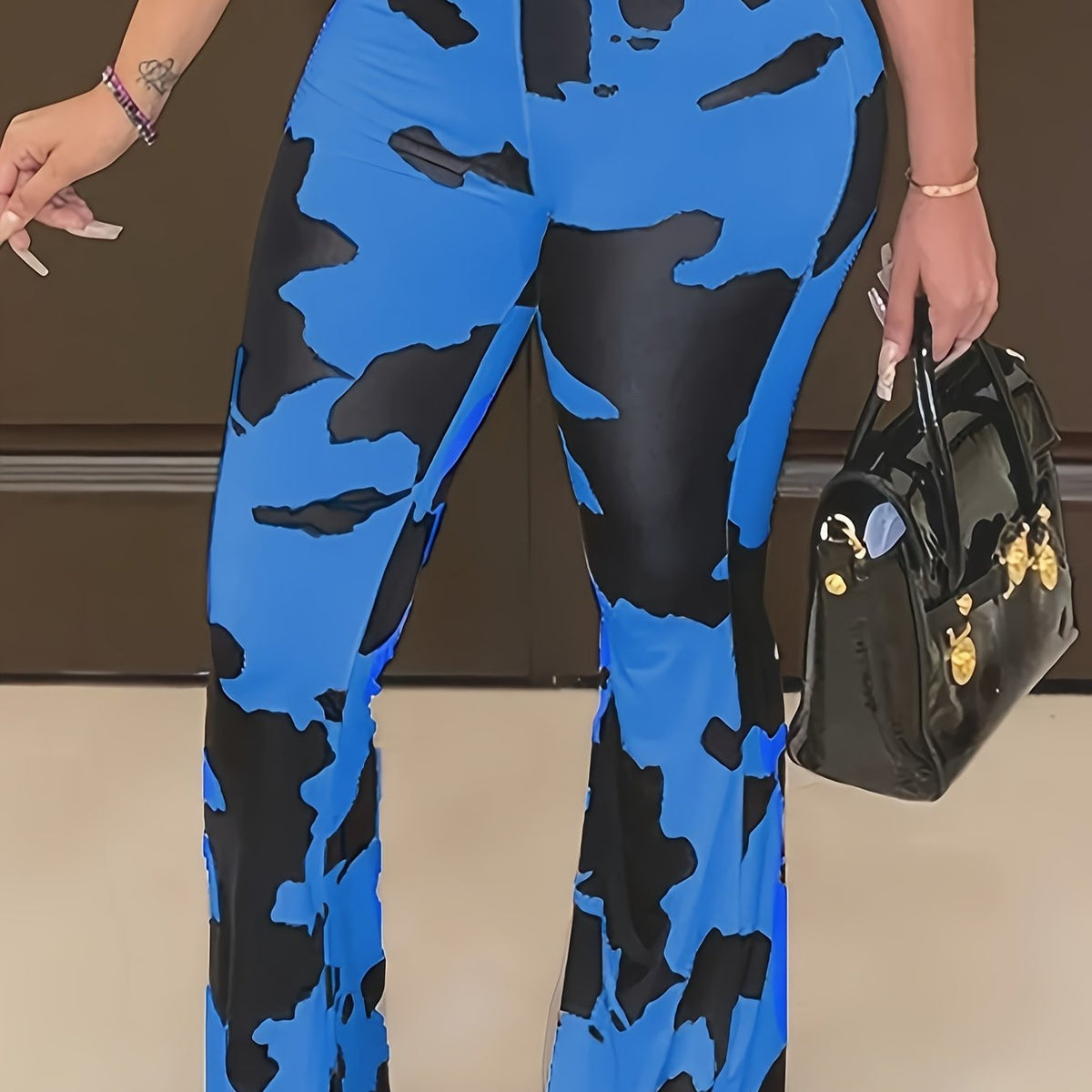  Casual Pants Women's Plus Random Print Elastic High Rise