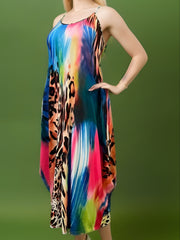  Colorblock Leopard Print Round Neck Stretch Cami Dress