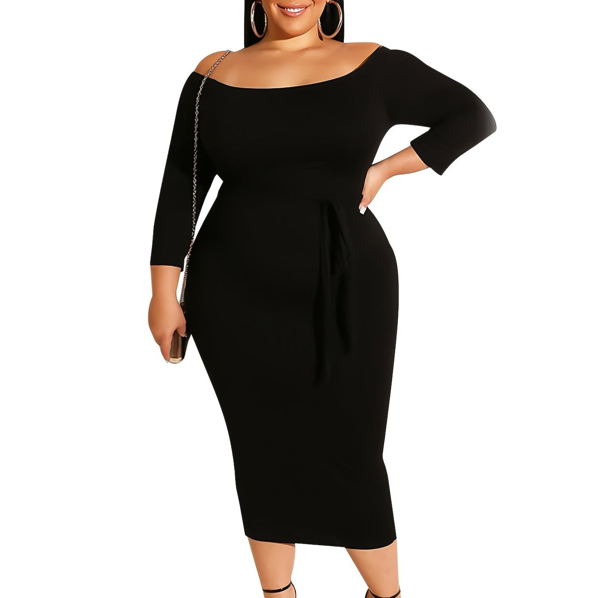 Solid Off Shoulder Long Sleeve Maxi Dress Women's Plus High Stretch