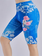 Denim Print Biker Shorts Skull & Floral Print
