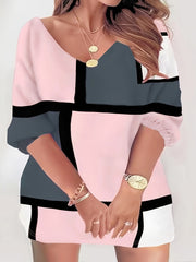  Colorblock Geometric Print Half Sleeve V Neck Mini Dress