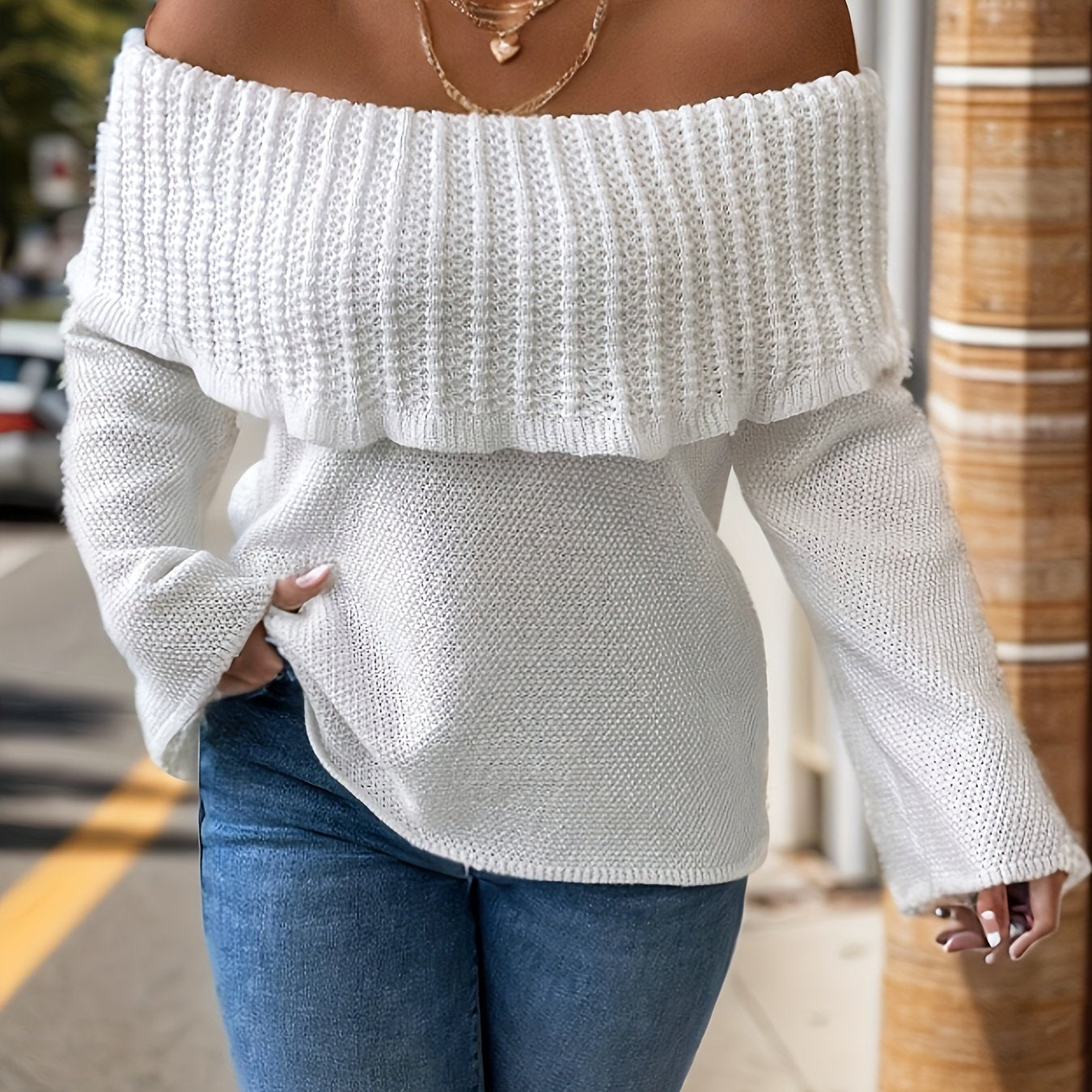  Solid Off Shoulder Layered Sweater