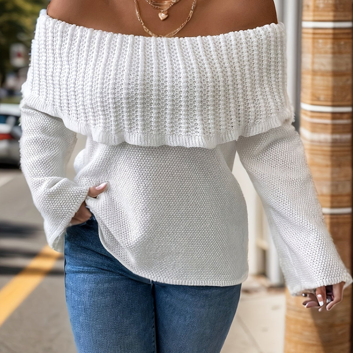 Solid Off Shoulder Layered Sweater