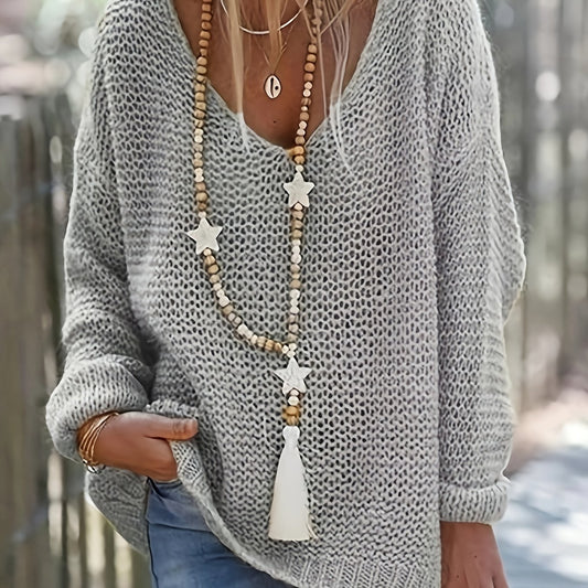 Women's V Neck Knitted Pullover Sweater Long Sleeve Casual Spring Fall