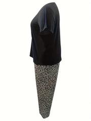  Cap Sleeve V Neck Tee & Leopard Print Pants Loungewear Set