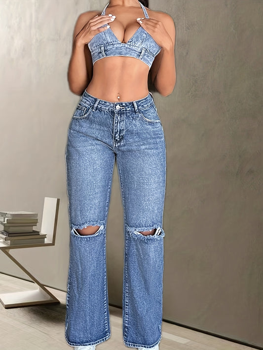 Wide Leg Straight Jeans Ripped Holes Slash Pockets Casual Denim Pants