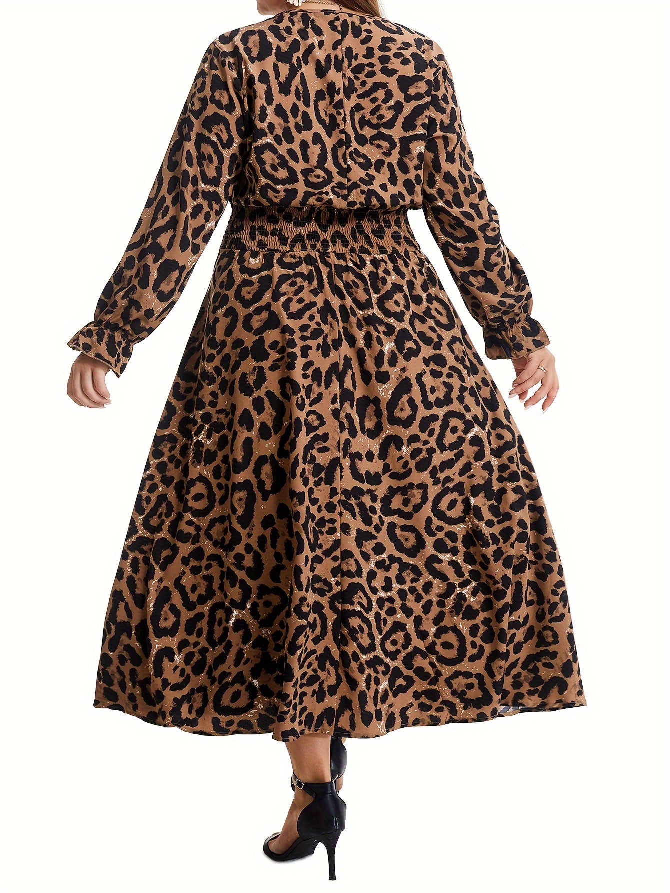  Leopard Print Long Sleeve Midi Dress