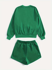 Casual Two piece Set Crew Neck Long Sleeve Sweatshirt & Shorts