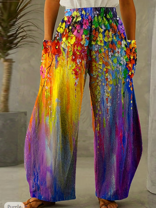 Boho Tie Dye Wide Leg Pants Vintage Elastic Waist