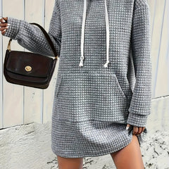  Waffle Long Sleeve Hooded Sweatshirt Dress With Pockets