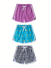 3pcs Girls Cat Floral Print Casual Quick Drying Shorts