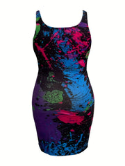  Splash Print Tank Dress Round Neck Slim Fit