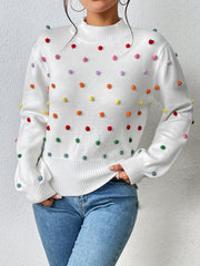  Colorful Thread Ball Decor Lantern Sleeve Mock Neck Sweater