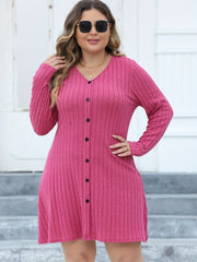  Ribbed Button Long Sleeve Mini Dress