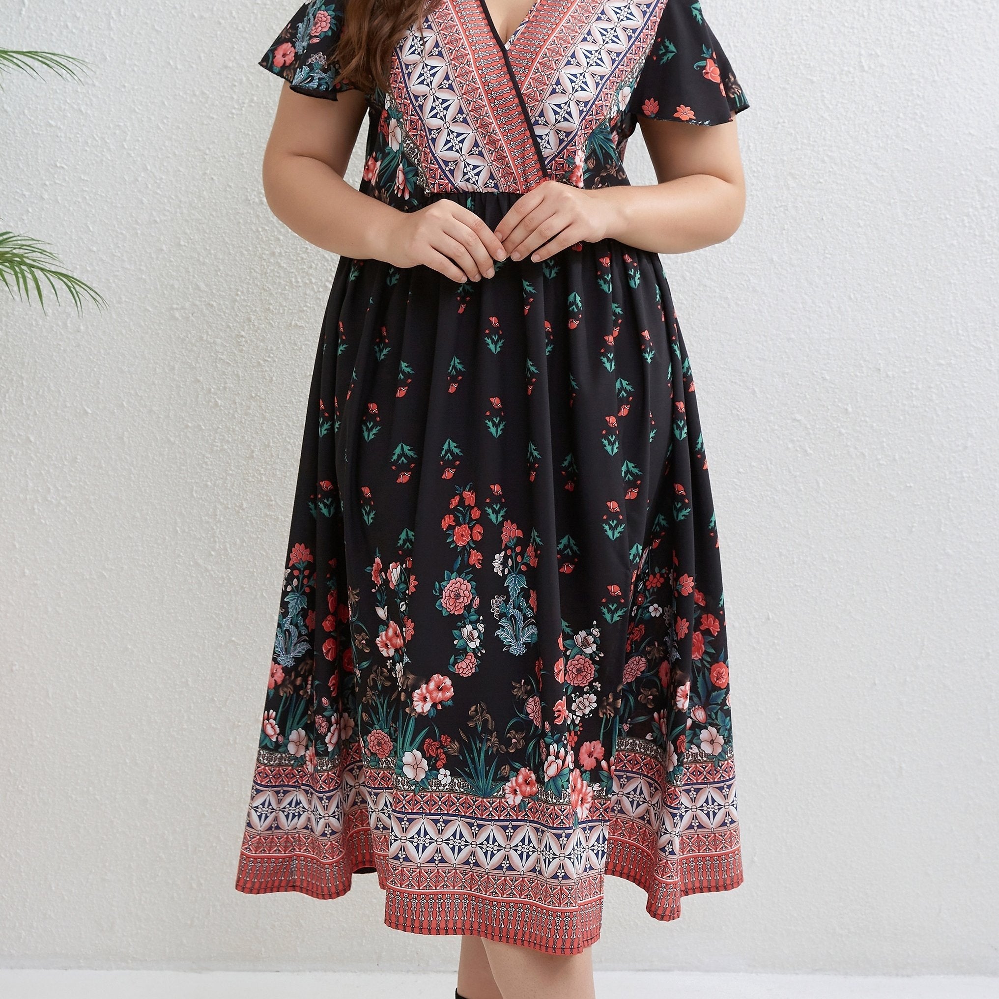  Colorblock Floral Geometric Print Cap Sleeve Midi Dress