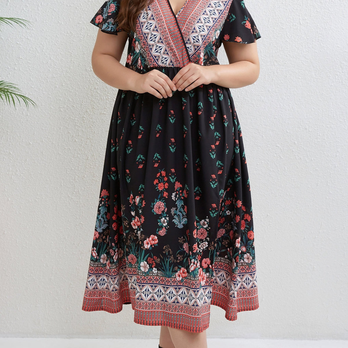  Colorblock Floral Geometric Print Cap Sleeve Midi Dress