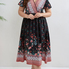  Colorblock Floral Geometric Print Cap Sleeve Midi Dress