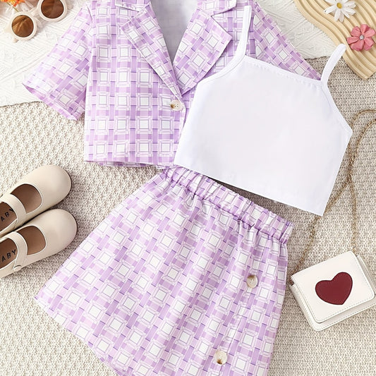 3pcs Girls Plaid Blazer Top Skirt Set for Vacation Casual Daily Kids Summer