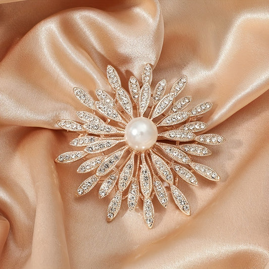 Double Layer Flower Brooch Pin Faux Pearls Ladies Accessory