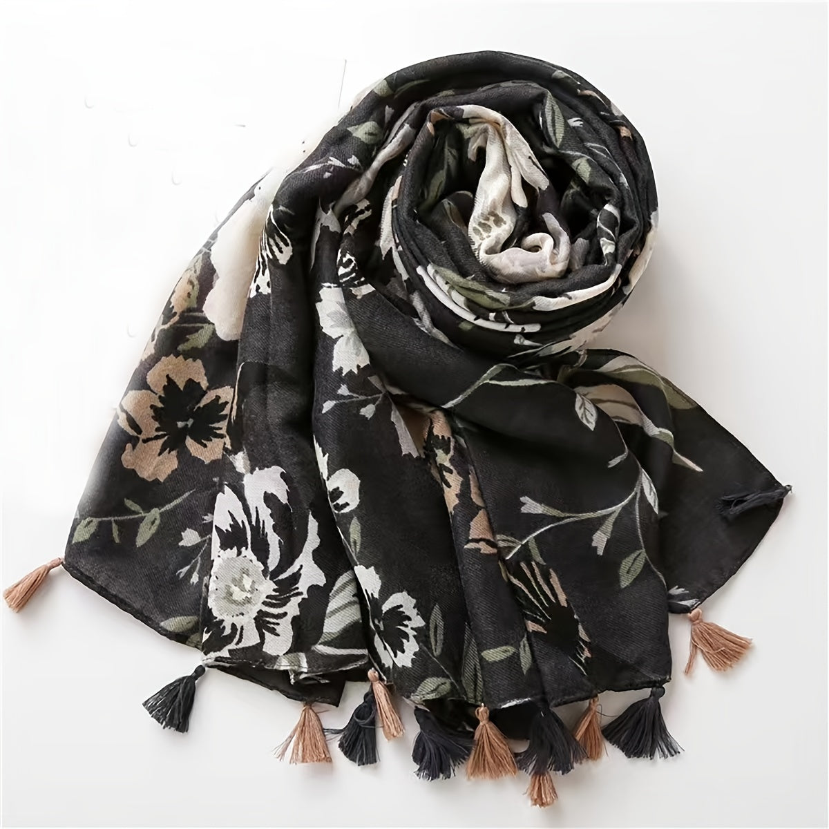 Flower Print Scarf Boho Tassel Shawl Outdoor Beach Travel Windproof Head Wrap