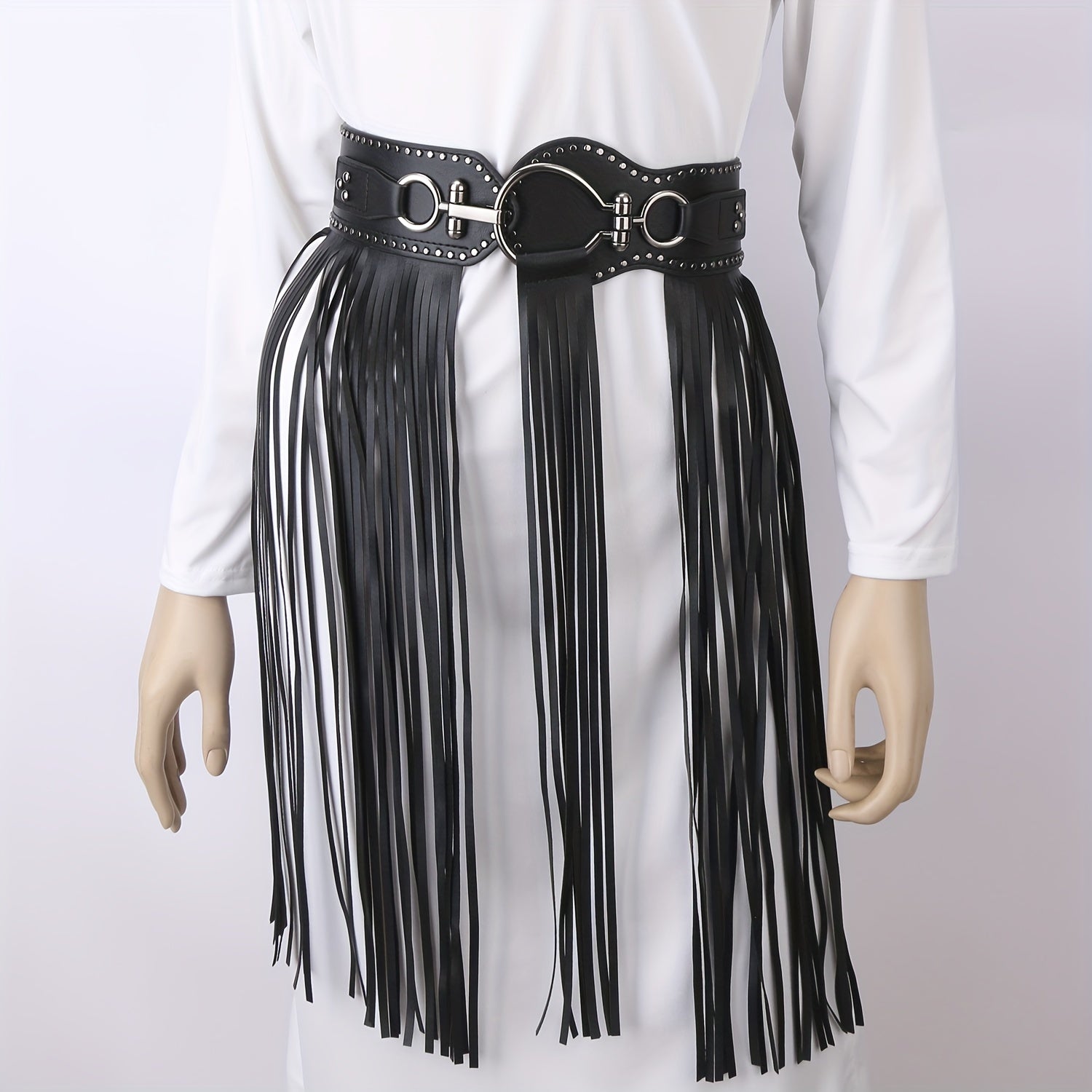  Tassel Skirt Belt Punk Fringe Waistband Rivet Decor Girdle