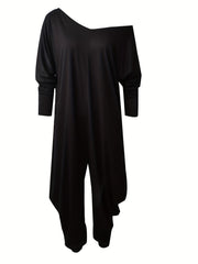 Backless Solid Jumpsuit Slanted Shoulder Long Length
