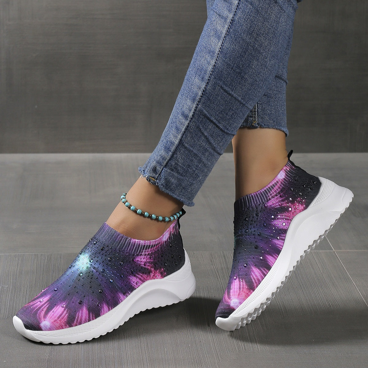Women's Rhinestone Decor Knit Sock Shoes Low Top Slip On Sneakers