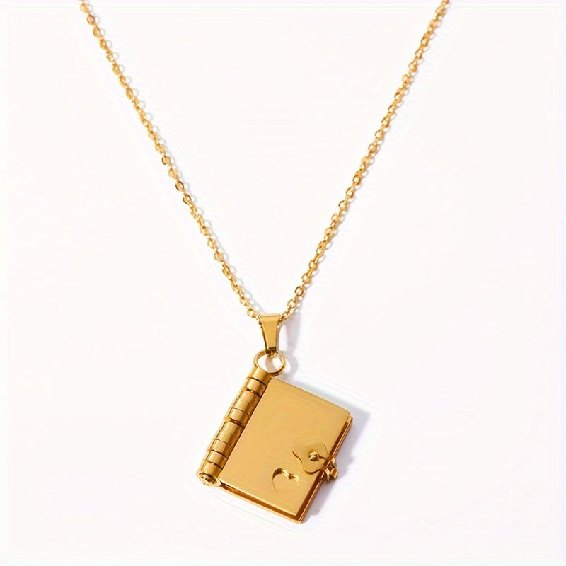 Stainless Steel Heart & Book Pendant Necklace - Openable for Gifting
