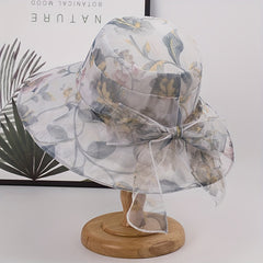 Flower Print Sun Hat Ribbon Bowknot Casual Bucket Hats