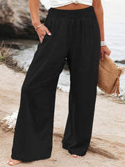  Ruched Wide Leg Pocketed Pants