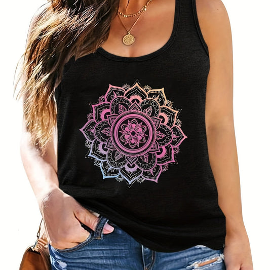 Floral Print Crew Neck Plus Tank Top