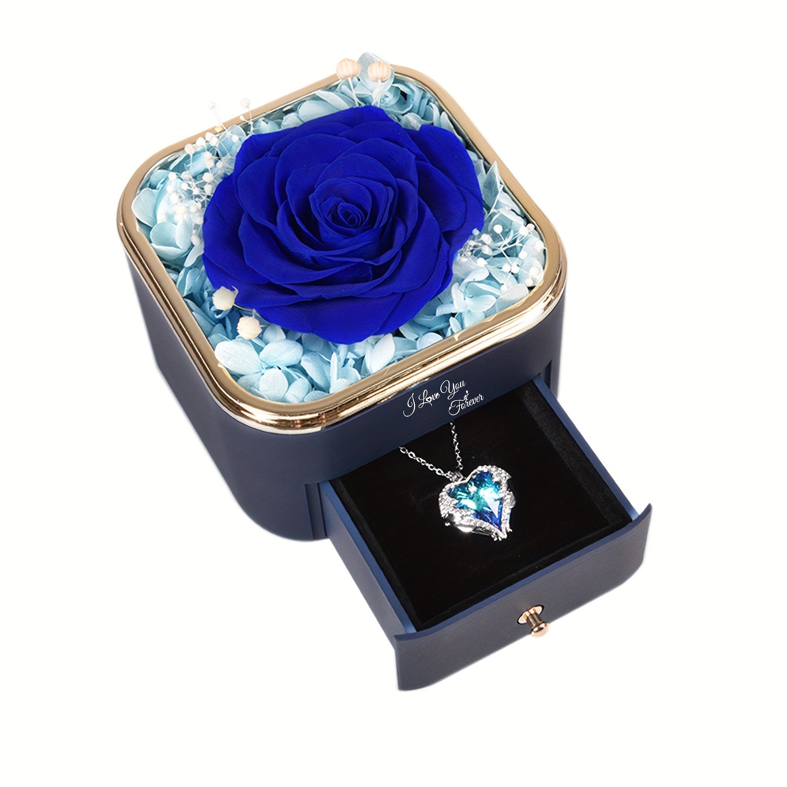 Preserved Rose Ocean Heart Necklace Box Acrylic Eternal Flower Gift