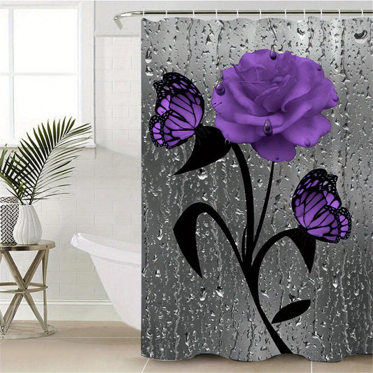 Waterproof Purple Rose and Butterfly Shower Curtain