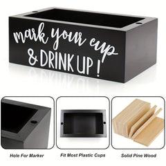 Rustic Wooden Cup Holder with Marker Slot