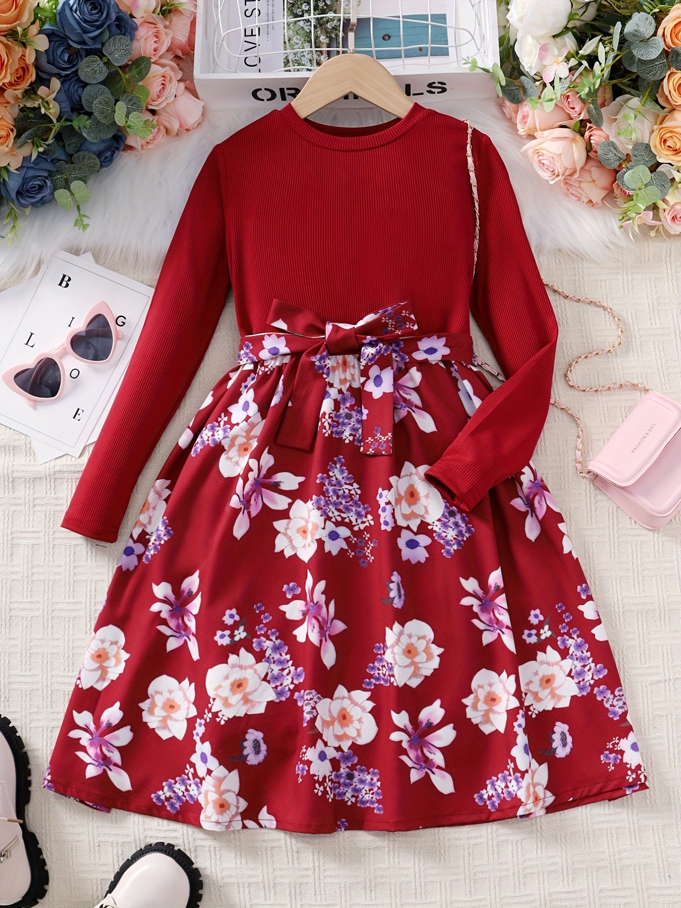 Girls Long Sleeves Flowers Splicing Belted Dress For Party Kids Spring Clothes