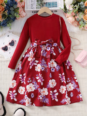 Girls Long Sleeves Flowers Splicing Belted Dress For Party Kids Spring Clothes
