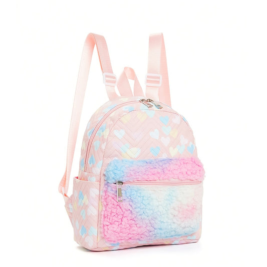 Girls Heart Pattern Plush Decor Backpack Large Capacity Pink Backpack