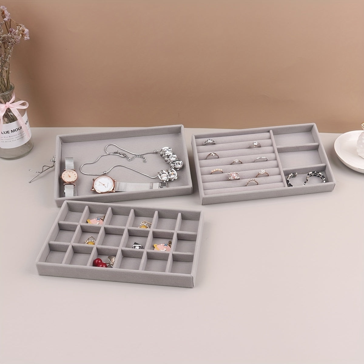 Grey Velvet Jewelry Tray Display Organizer