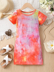 Girls Tie Dye Stretch Dress Short Sleeve Kids Summer Clothes