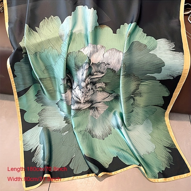 Vintage Green Lotus Print Scarf - Women's Classic Satin Head Wrap
