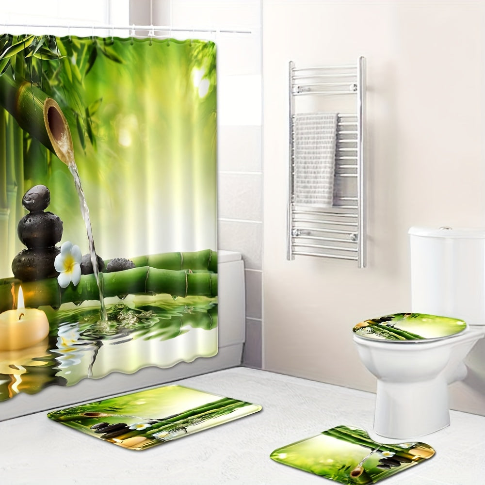 Chinese Style Shower Curtain with Hooks, Bamboo & Stone Pattern, Bathroom Decor